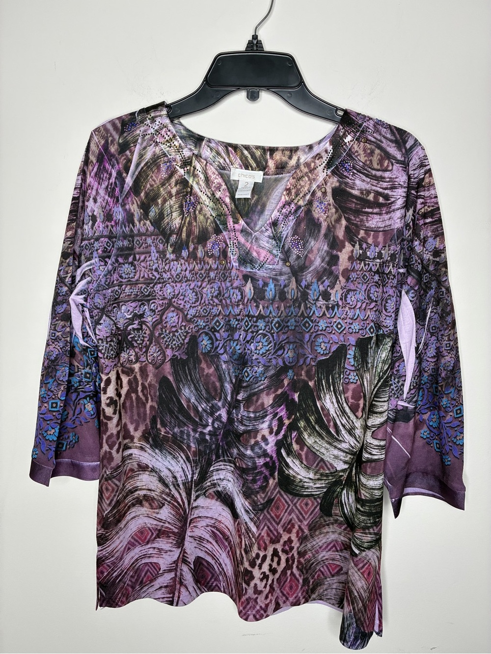 Chico's Purple Multicolor Printed V-Neck Tunic Top